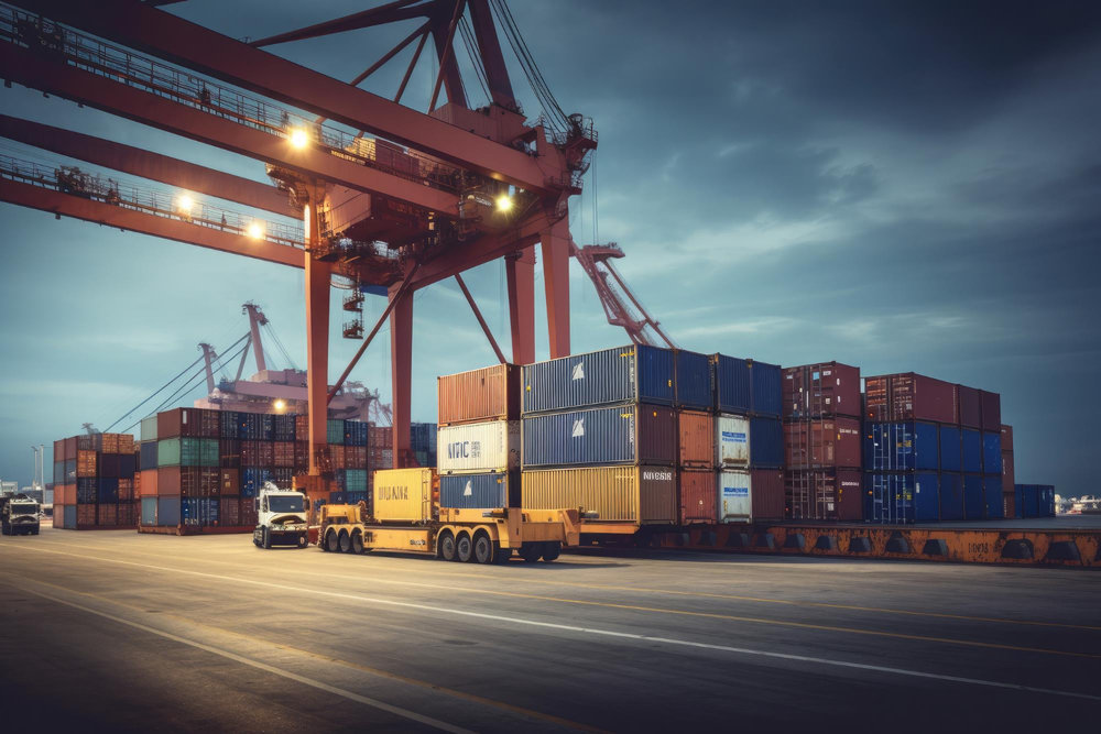 Logistica e transporte de navio de carga de conteineres no estaleiro 