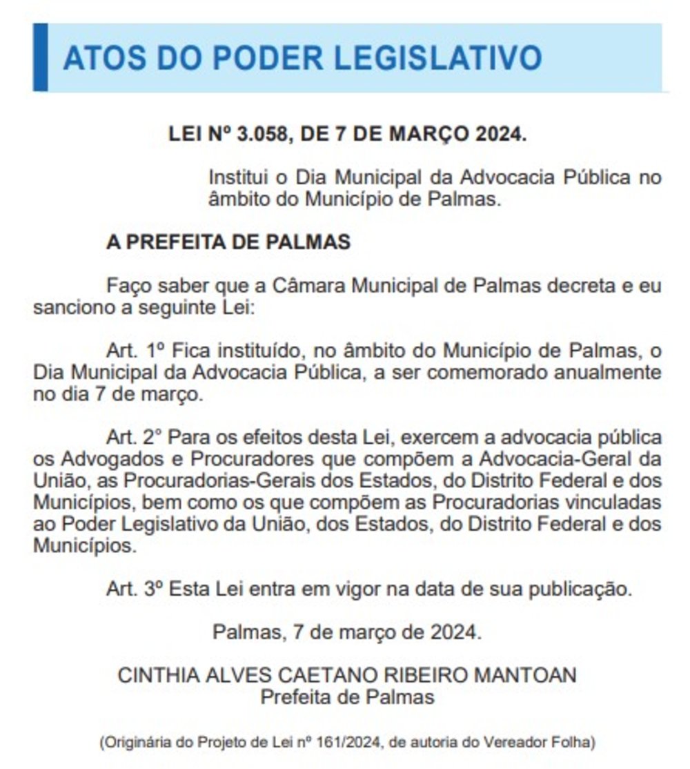 Publicação no Diário Oficial de Palmas edição n° 3.423, 1ª página